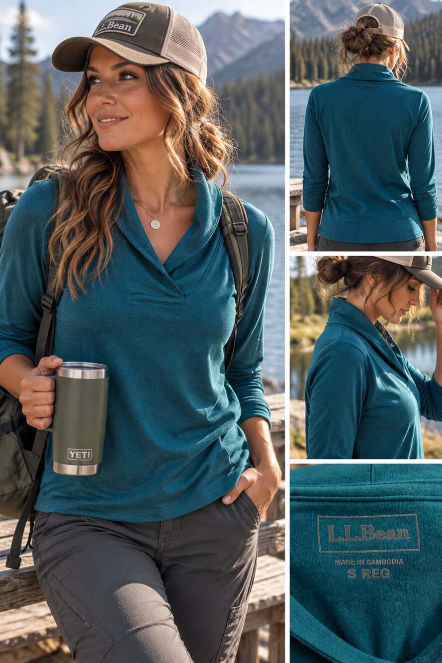 L.L.Bean Shawl Collar Pullover Size S Reg Teal Long Sleeve Top